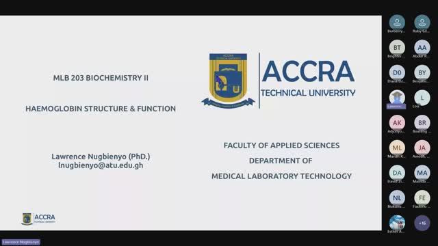 MLB 203 Biochemistry II (Part-Time): Haemoglobin Structure & Function