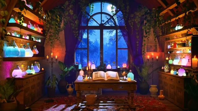 Уютная атмосфера магазина зелий с фантастической музыкой и бурлящими звуками смотреть онлайн