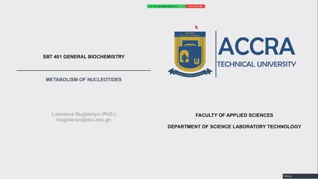 SBT 401 General Biochemistry: Nucleic Acid Metabolism
