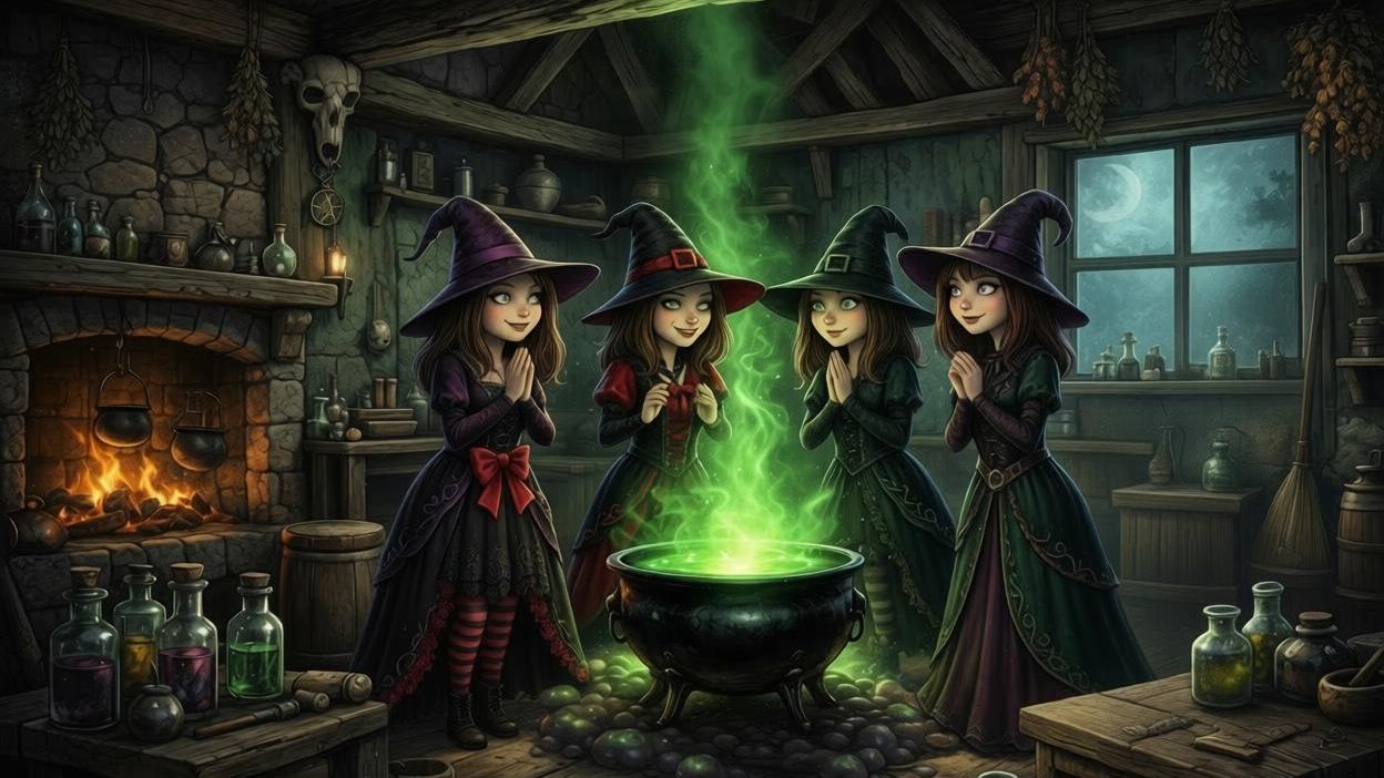 В полночь четыре колдуньи(страшная,  НО ДЕТСКАЯ СКОРОГОВОРКА) смотреть онлайн