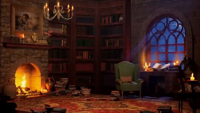 Атмосфера кабинета в Старой библиотеке, Потрескивающий камин, Звуки Завывающего ветра смотреть онлайн
