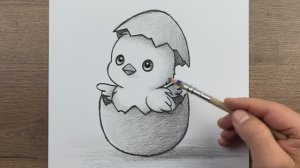 Как нарисовать милого цыпленка вылупляющегося из яйца карандашом