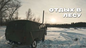 Отдых в зимнем лесу на УАЗ Буханке с собакой и печкой на дровах.