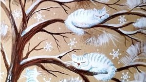 Белые снежные коты. Рисунок гуашью на крафтовой бумаге.