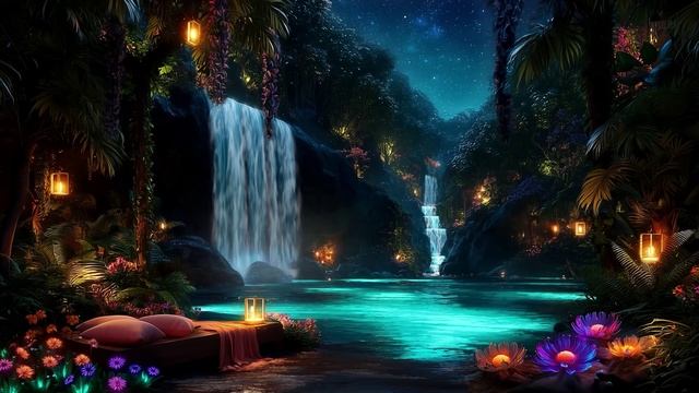 🌴 Тропический лесной водопад • Ночные звуки природы смотреть онлайн