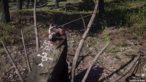 Глубоко в лесу в RDR2 есть языческое ритуальное место, алтарь со свечами и тайными символами.