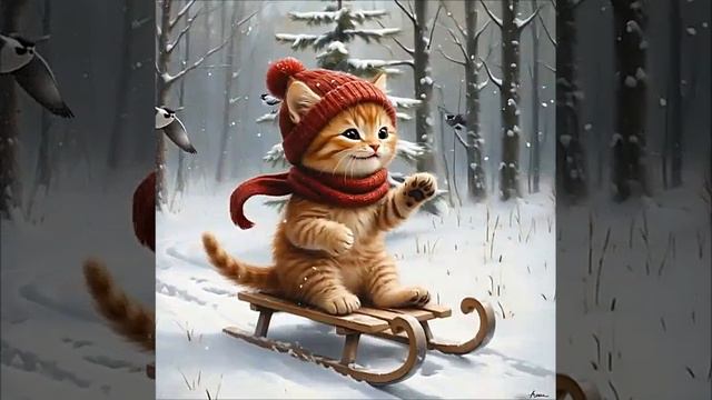 🐈Рыжий котёнок катается на санках🛷 по зимнему лесу❄️, анимация, нейросеть смотреть онлайн