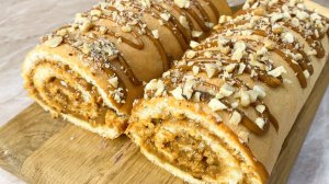 Бисквитный рулет с варёной сгущёнкой и грецкими орехами