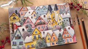 Чудесная иллюстрация с зимним городом / Урок акварельной живописи