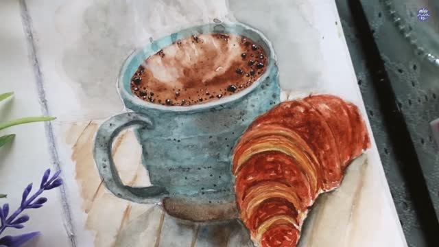 Уютная акварельная иллюстрация с чашкой кофе и круассаном смотреть онлайн