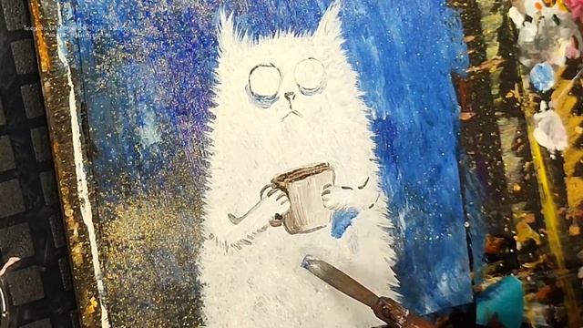 Милый кот с кофе. Рисунок акрилом.