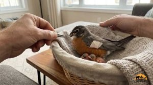 Птица-мать со сломанным крылом. Два птенца выпадают из гнезда. Спасение на обочине