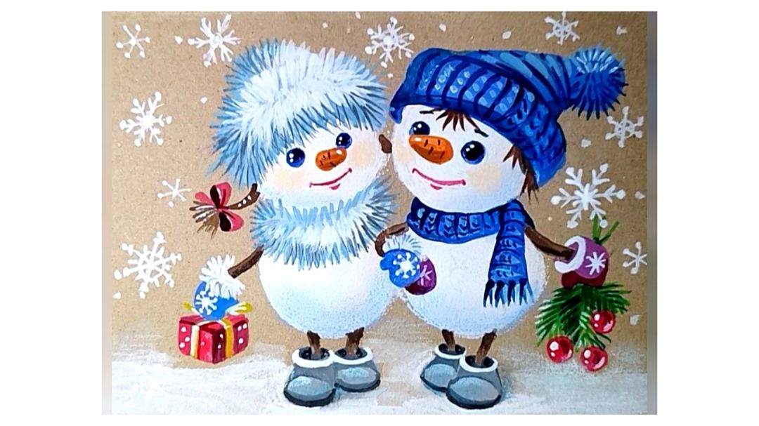 Снеговики идут на праздник. Рисунок гуашью. смотреть онлайн
