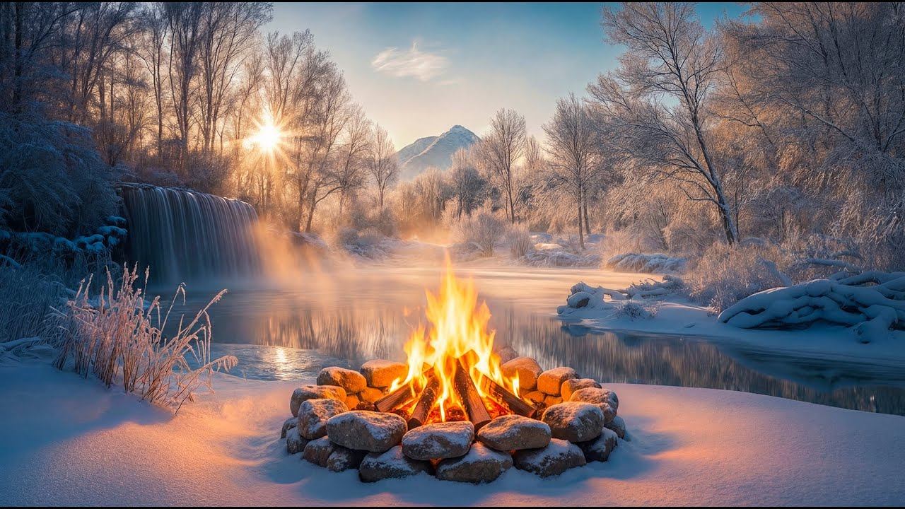 Зимний костёр у реки ❄️ Утренний свет и естественное течение воды смотреть онлайн