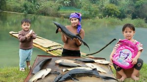 Ловим гигантского речного осетра, чтобы продать вместе с моим сыном. Готовлю корм поросятам. Дуонг