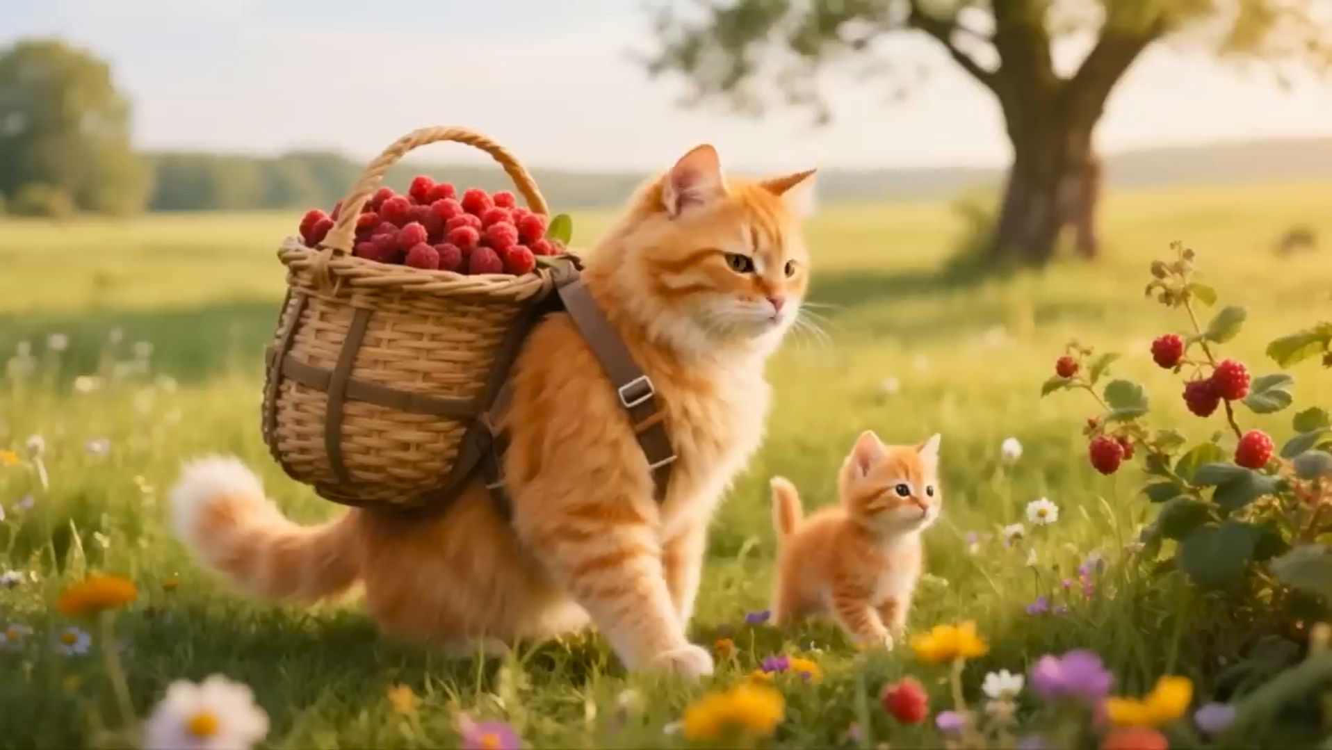 😹Мама кошечка собирает вкусную и сочную малину для своего маленького сыночка🔥 смотреть онлайн