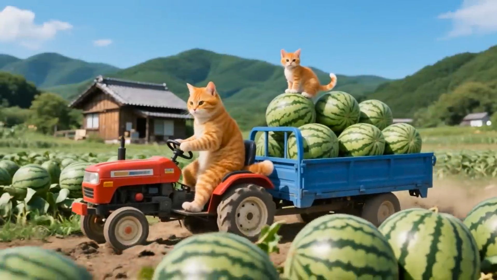 😹Мама кошечка собирает вкусные и сочные арбузы со своим маленьким котёночком🔥 смотреть онлайн