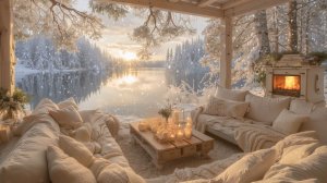 🔥 Утренний зимний камин у озера ❄️ Тихий рассвет и спокойная атмосфера