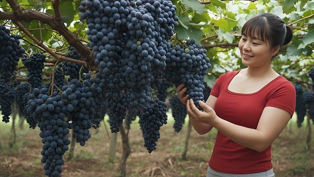 Сбор большого количества спелого винограда для продажи на рынке. Фуонг. Вьетнам