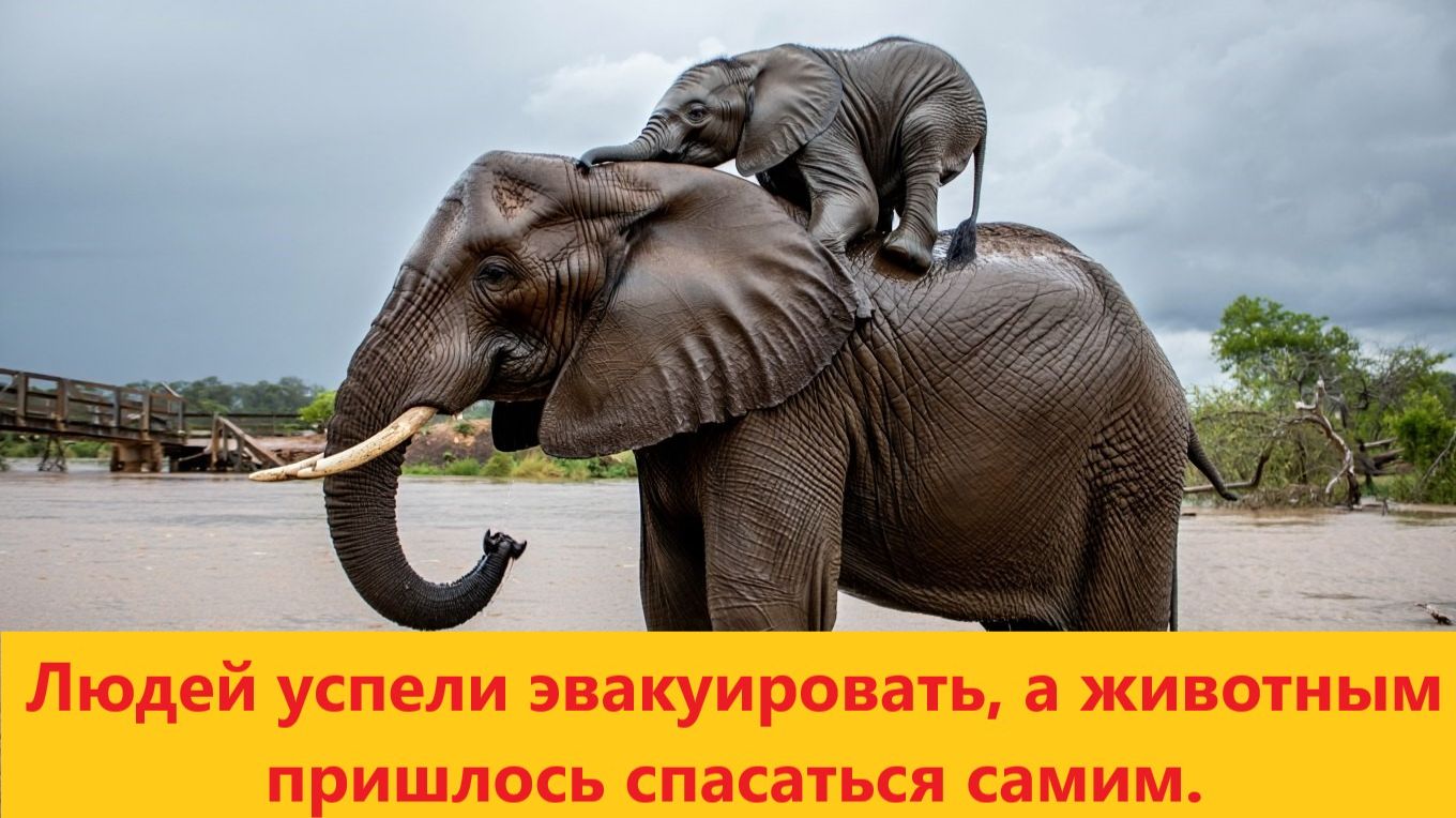 Слониха спасла детеныша при наводнении в парке Крюгера в ЮАР. смотреть онлайн