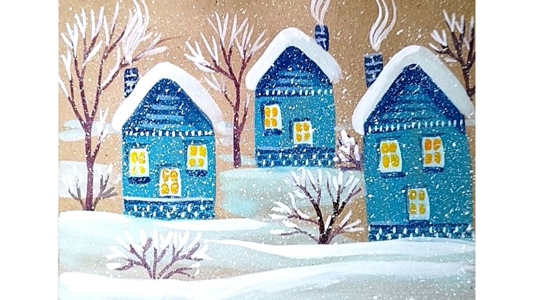 Зимний пейзаж с синими домиками. Рисунок гуашью на крафтовой бумаге. смотреть онлайн