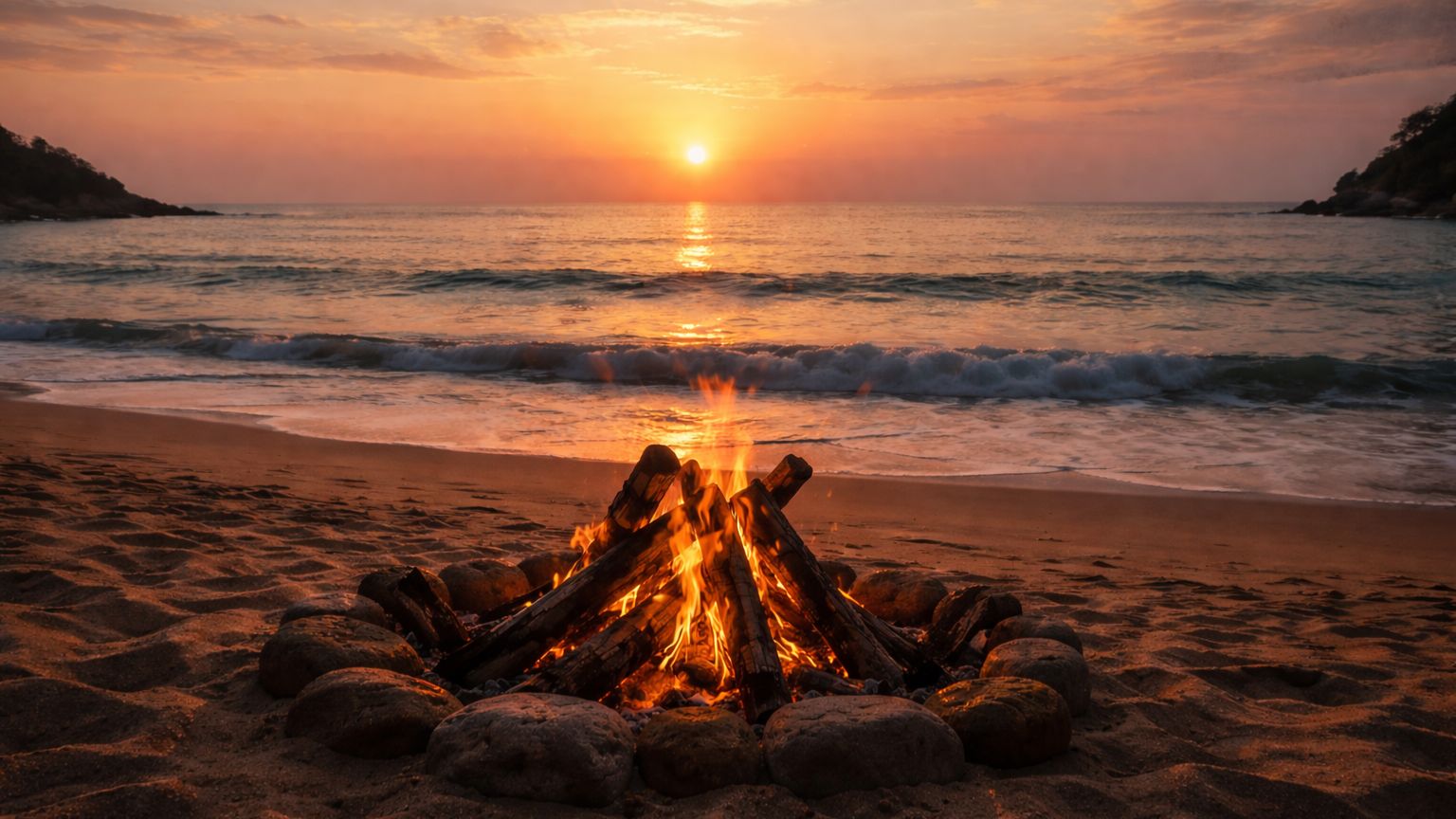 Костёр на берегу моря 2 часа | Шум волн и звук потрескивающих дров | Фоновое видео 4K смотреть онлайн