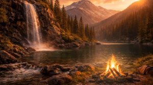 Водопад и костер у горного озера 3 часа | звук костра и журчащей воды | Фоновое видео 4K
