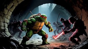 Черепашка - нидзя Рафаэль в темном туннеле сражается
