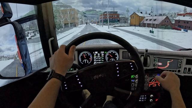 Поездка по заснеженной Норвегии на Scania V8, от Хоннингсвога до Бергена, в ETS 2. [4К]