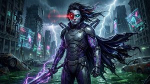 High-energy electronic synthwave metal, shredding electric guitars