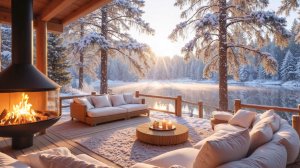 🔥 Утренний камин на зимней веранде ❄️ Тихий рассвет у озера и спокойный джаз
