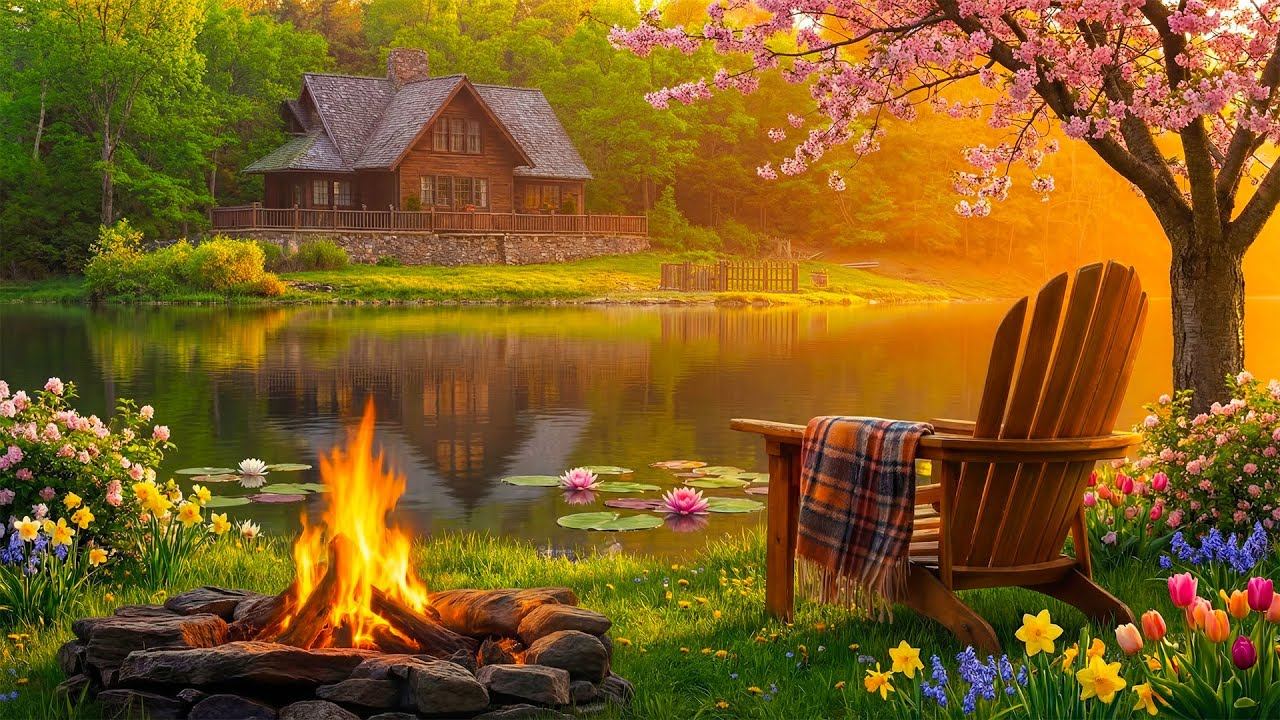Весенняя Атмосфера у Озера 🔥 Потрескивающий Костер, Приятное Пение Птиц и Звуки Воды