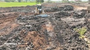 Good Backfill Operation Strong Power New Bulldozer Pushing Clearing Dirt Dump Truck Dumping Dirt