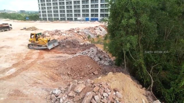 Amazing Activities Big Land Reclamation Process With Power Komatsu Dozer Moving Stones Forward смотреть онлайн