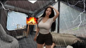 Кемпинг девушки в грозу в шикарной надувной палатке.