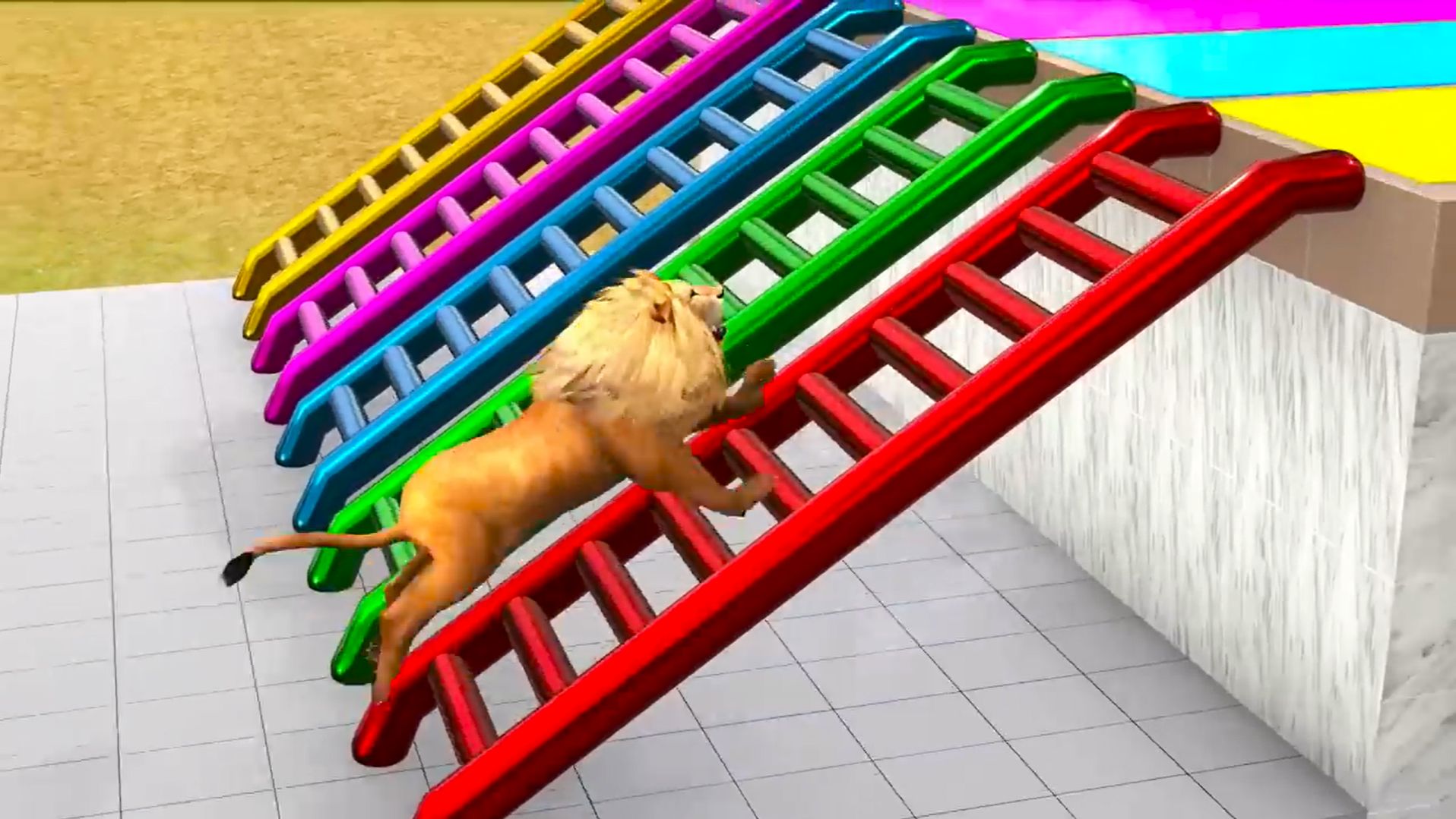 😹Мультяшный лев бежит по вверх по лестнице и состязается с другими животными🔥 смотреть онлайн