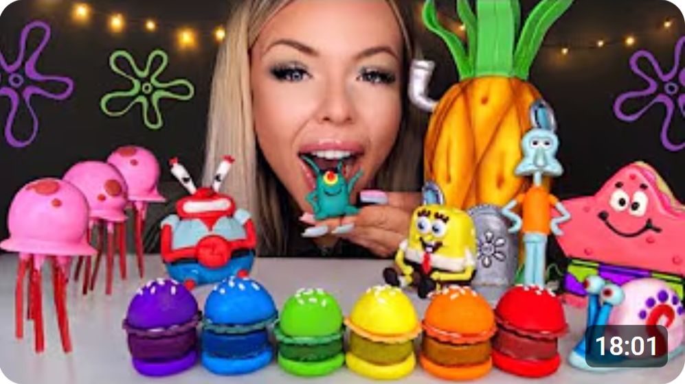 ASMR Съедобные Губка Боб, Сквидвард, пирожные-леденцы в форме медузы, пирожные, ананас смотреть онлайн