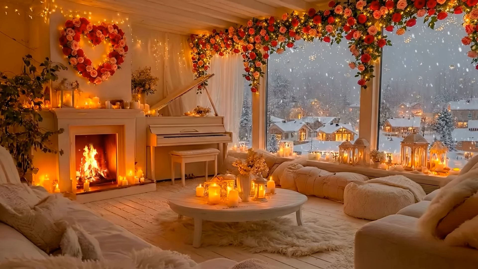 🔥 Романтический камин и вечерний джаз ❄️ Свечи, рояль и снег за окном смотреть онлайн