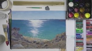 Фрагменты урока по рисованию солнечной дорожки на море в смешанной технике