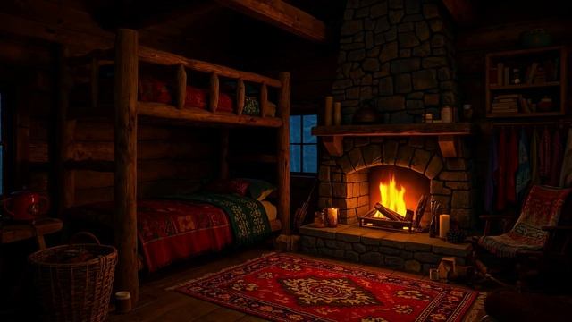 Спокойный сон в уютном зимнем бревенчатом домике – потрескивание камина, атмосфера метели смотреть онлайн