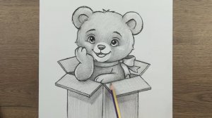 Как нарисовать милого плюшевого мишку в коробке карандашом шаг за шагом