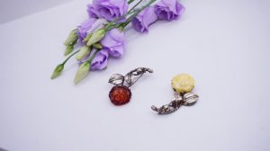 Брошь - подвеска Роза с божьей коровкой янтарь бронза латунь бижутерия цветок 802