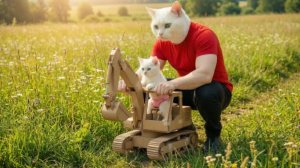 Котенка дразнят , за то что он играет картонным экскаватором.