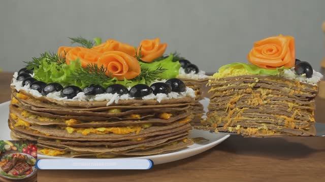 Нежный печеночный торт с яркими морковными бутонами и ароматной зеленью. 🎉🥚🌿 смотреть онлайн