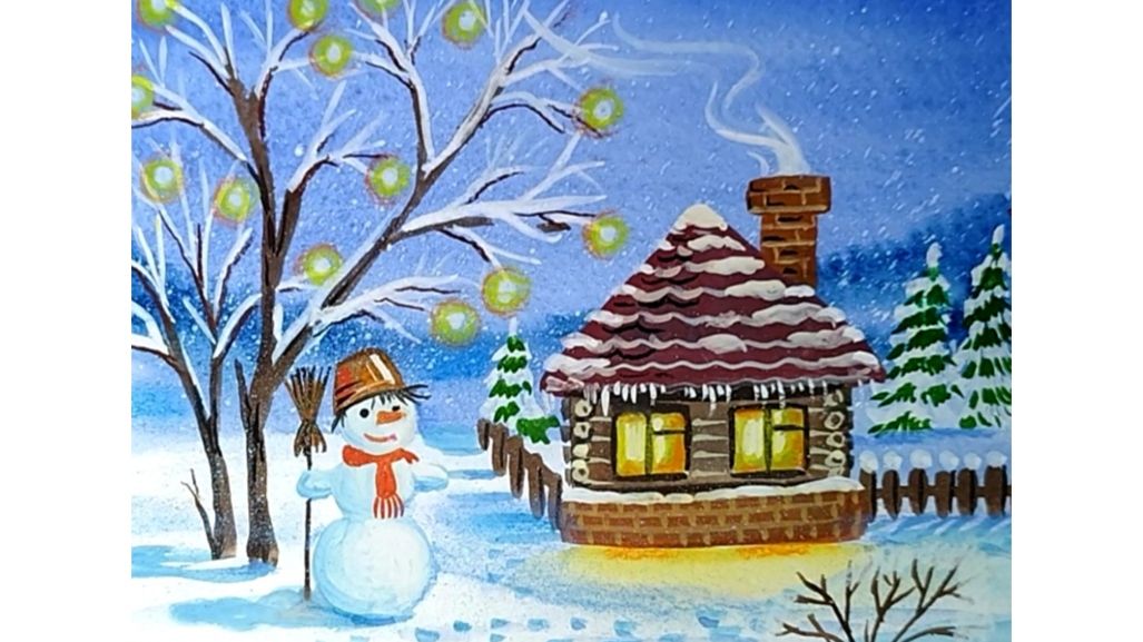 Снеговик у дома. Рисунок гуашью. смотреть онлайн