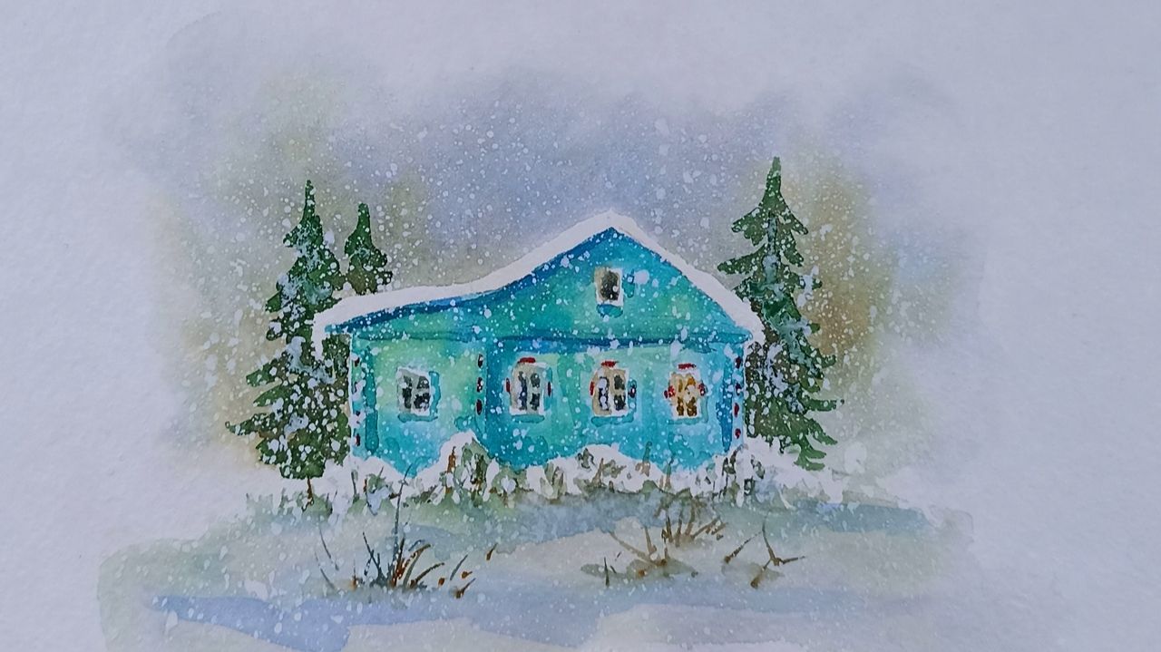 Зимний пейзаж с бирюзовым домиком акварелью смотреть онлайн