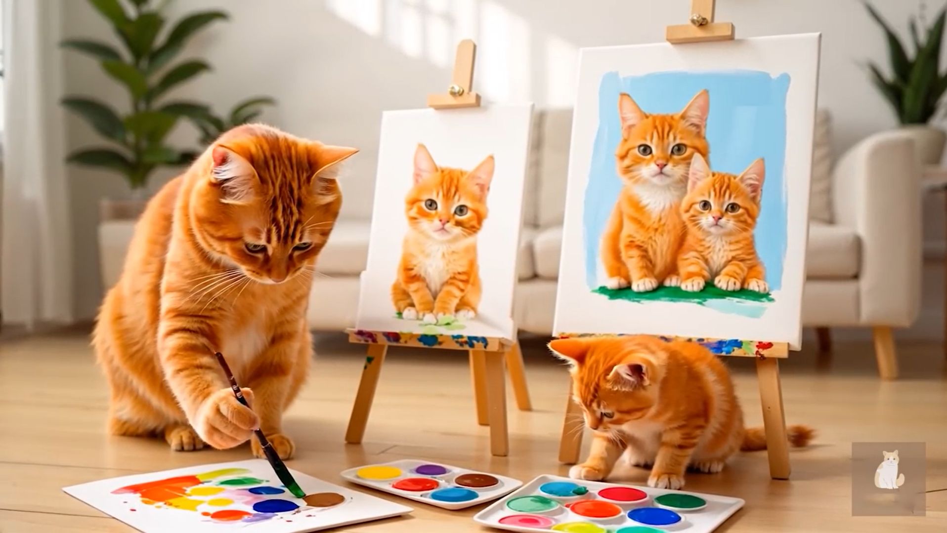 😹Мама кошечка рисует красивую картину со своим маленьким котёночком🔥 смотреть онлайн