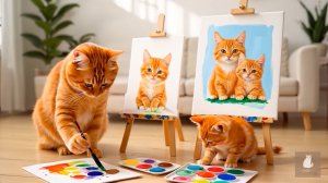 😹Мама кошечка рисует красивую картину со своим маленьким котёночком🔥