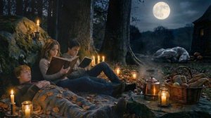 Гермиона, Рон и Гарри тихо занимаются под деревьями в атмосфера тепла и волшебства.