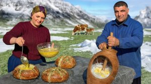 Домашний хлеб с топленым маслом и чесночным кремом в деревне!